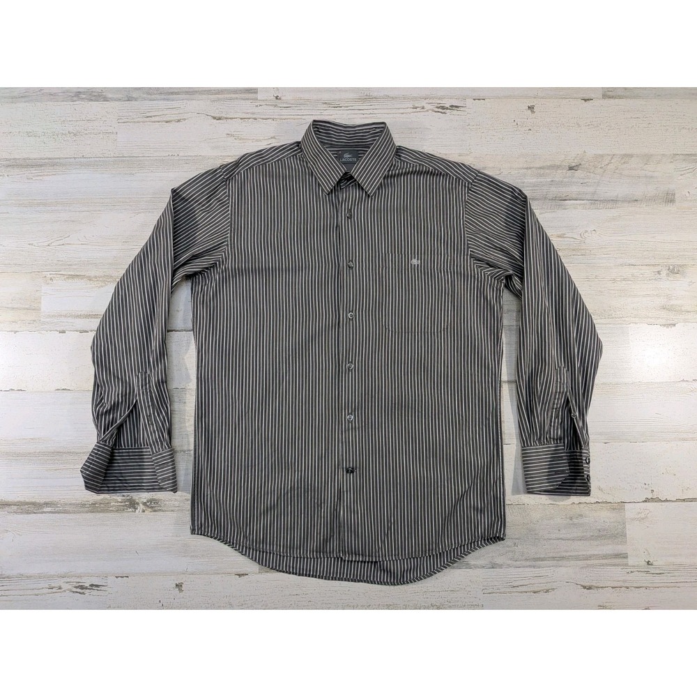 Lacoste Mens 40 Gray Striped Button Up Long Sleeve Shirt Designer Cotton